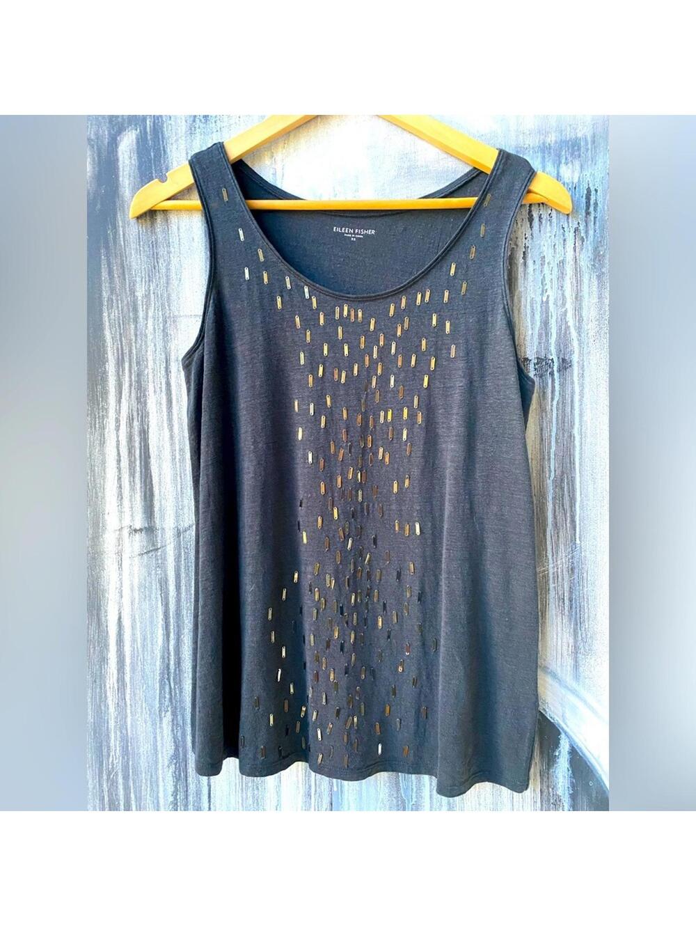 EILEEN FISHER Black Linen Sequin Tank Top Boho Coastal XS - Picture 1 of 7